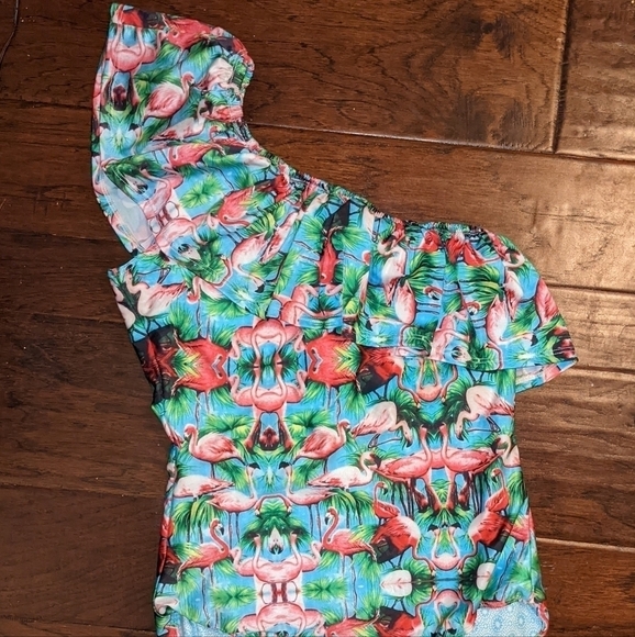 Alcatraz Pink Flamingo Double Layered One Shoulder Swimsuit - Picture 1 of 2